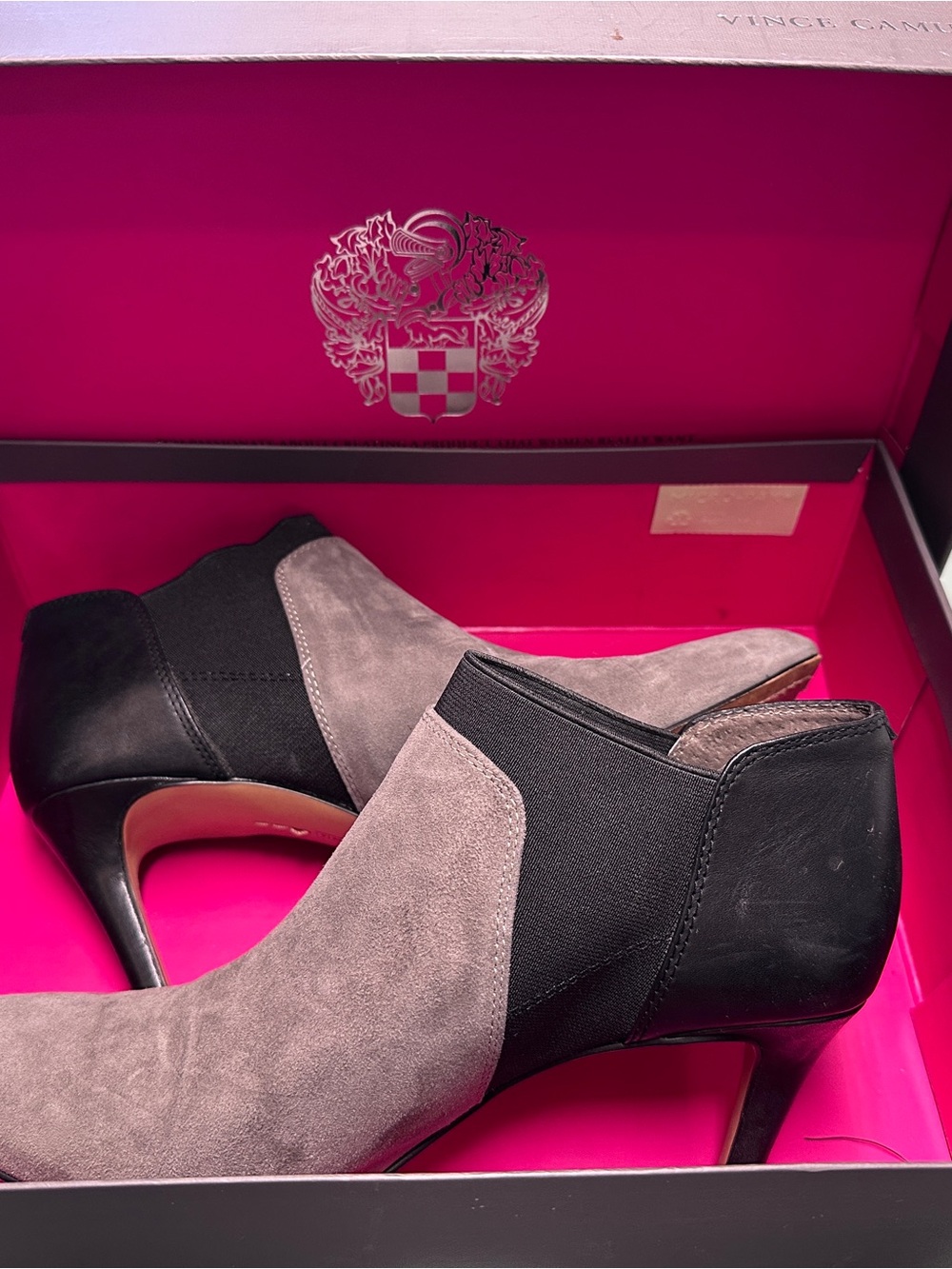 Vince Camuto Two-Tone Taupe Suede & Black Ankle Booties